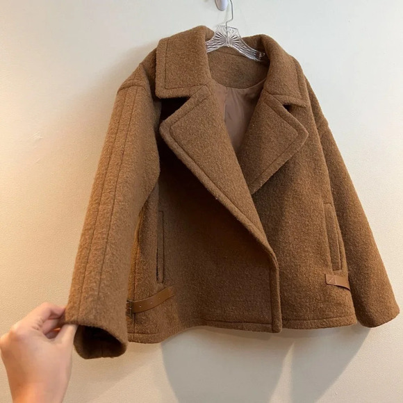 Gentle Herd 100% Nylon Collared Bohemian Classic Tan Boxy Short Knit Coat XL - Picture 6 of 11